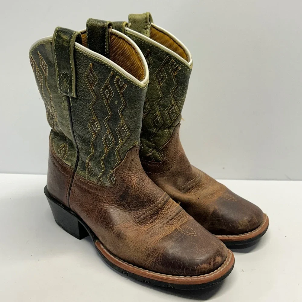 Dan Post Cowboy Boots Brown Green Kids 12 D DPC2946 Western Leather Square Toe